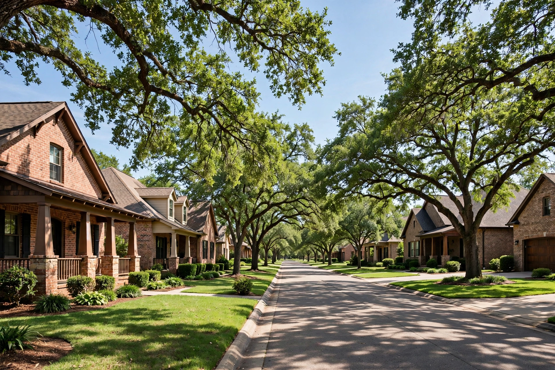 Sunny Dallas street with freshly painted brick homes